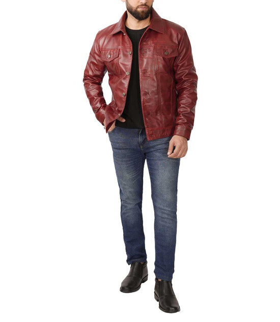 Shop Maroon Trucker Leather Jacket By TJS