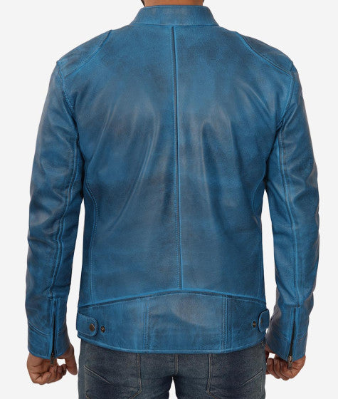 Shop Mens Blue Lambskin Leather Cafe Racer Jacket