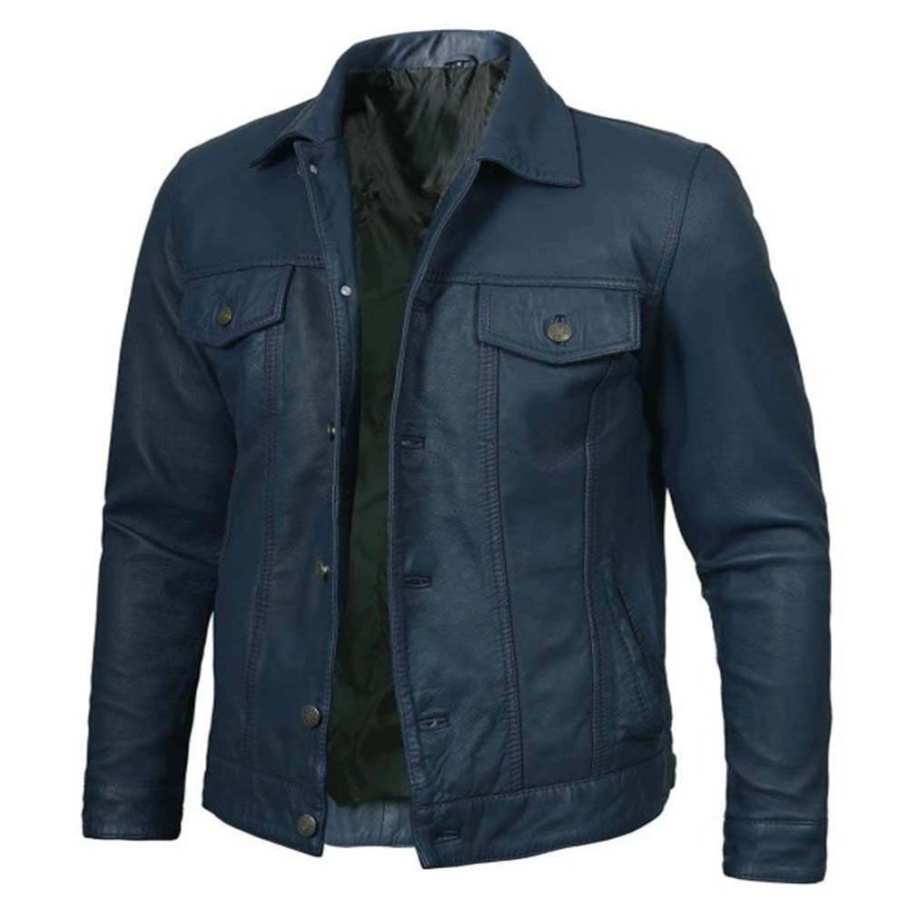 Shop Blue Washed Leather Trucker Jacket Mens