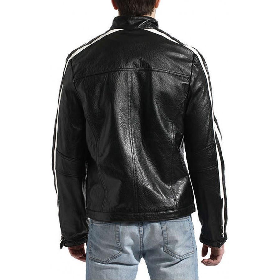 Shop Men's Black Leather White Stripe Moto Racer Style Jacket