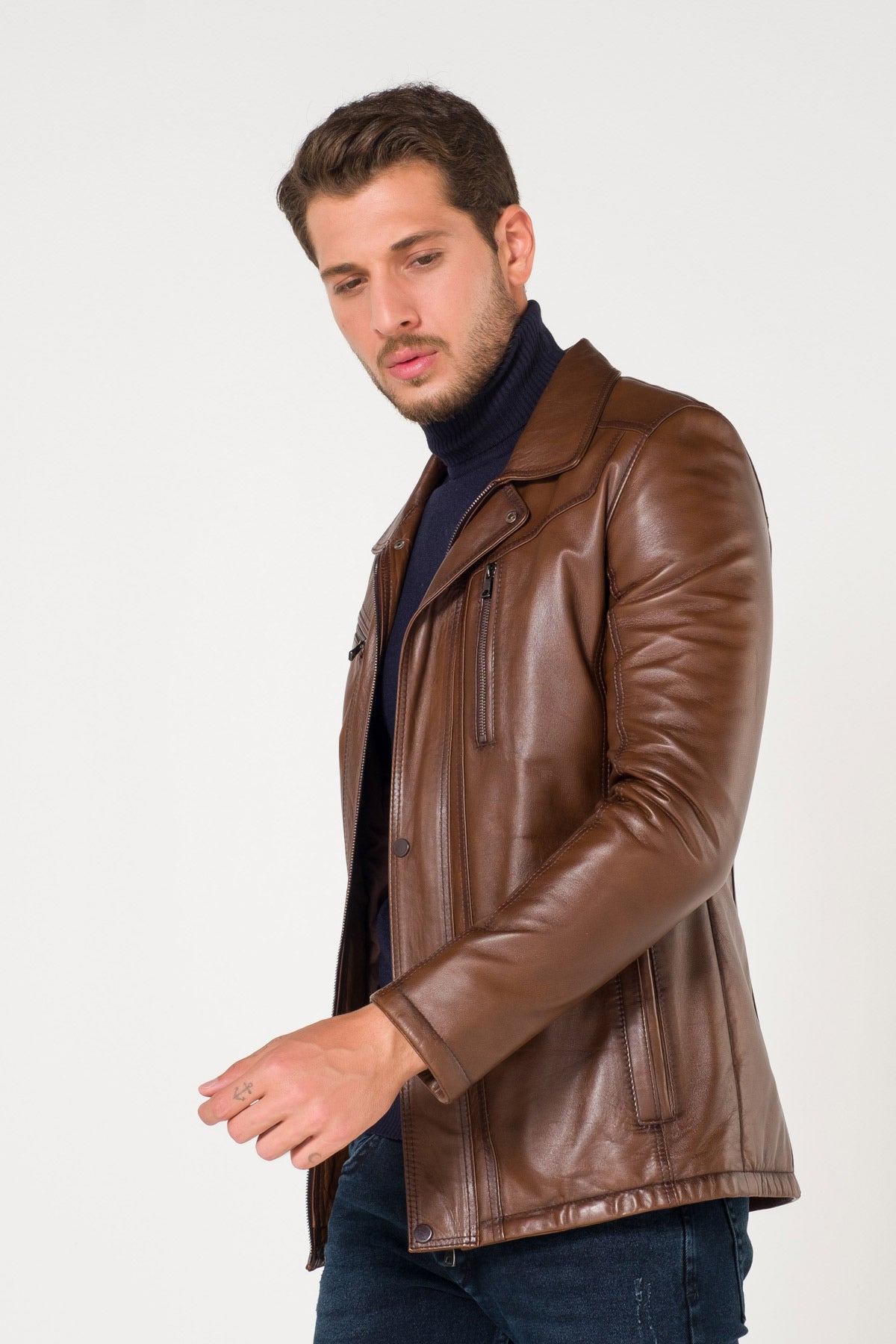 Shop Original Horizontal Vertical Zipper Brown Leather Jacket