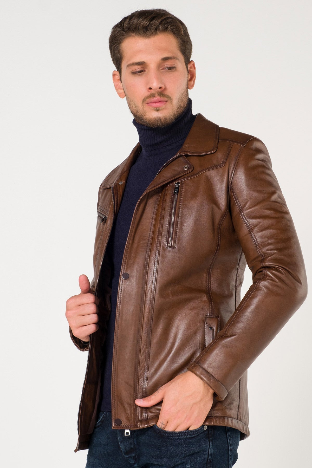 Shop Original Horizontal Vertical Zipper Brown Leather Jacket