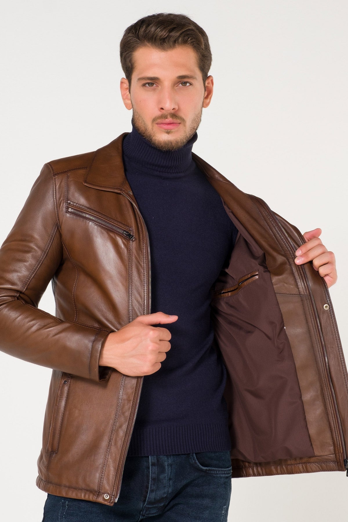Shop Original Horizontal Vertical Zipper Brown Leather Jacket